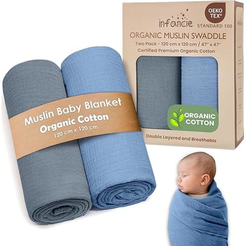 Organic Cotton Muslin Baby Blanket - 47x47 Inch Breathable Swaddle, Hypoallergenic Double-Layer, Versatile Use (Slate/Aquarius, 47x47 Inch)