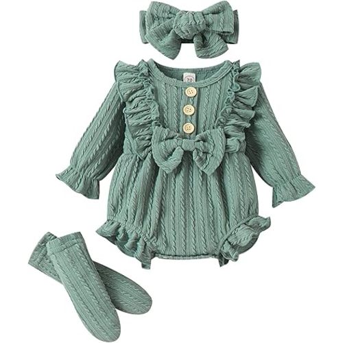 Infant Girls Ribbed Ruffles Long Sleeve Bowknot Romper Bodysuit Headbands Outfits Ballet Kids (Green, 3-6 Months)