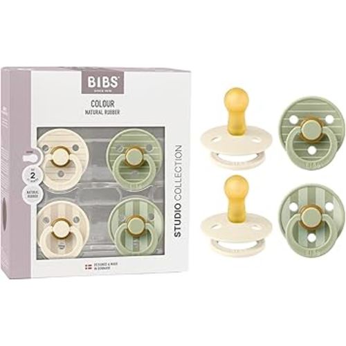 BIBS Colour Pacifier 4-Pack, BPA Free Pacifiers, Round Nipple. Natural Rubber Latex, Made in Denmark, Size 2 (6-18 Months), Ivory/Sage