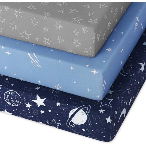 Pack and Play Sheets Fitted 3 Pack, Mini Crib Sheets for Pack N Play Mattress Stretchy Portable Playard Sheets, Soft Breathable Blue Gray Planet