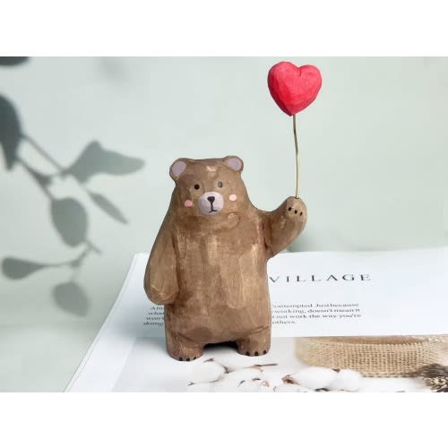 Brown Bear Statue Handmade Wooden Carving Decor Art, Bear Holding Heart Wood Carved Ornament Figurine Unique Animal for Mother's Day Gifts