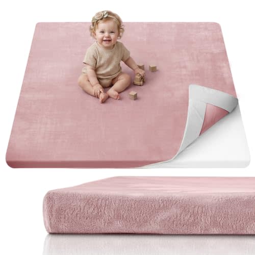 Blissful Diary 1.3" Thick Baby Play Mat, 50x50 Playpen Mat with Removable & Washable Cover, Ultra Soft Crawling Rug for Floor, Foam Cushion & Non-Slip Backing for Kid, Toddlers and Infants, Dusty Pink