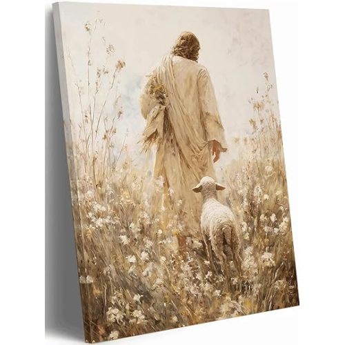 Jesus Leaves the 99 Sheep Canvas Wall Art Jesus and Lamb Painting Picture Wall Decor Christian Poster Print for Room Bedroom Church Prayer Home Decoration 12x16 in Ready to Hang