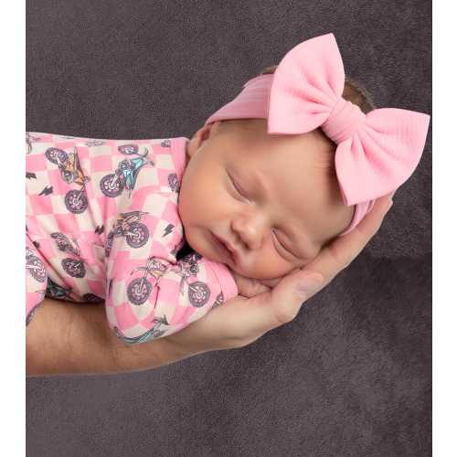 BEST SELLER - Pink Motocross Sleeper Dirt Bike Baby Girl Pajama Check Pattern Biker Style Outfit Convertible Cuff Design New Baby Gift