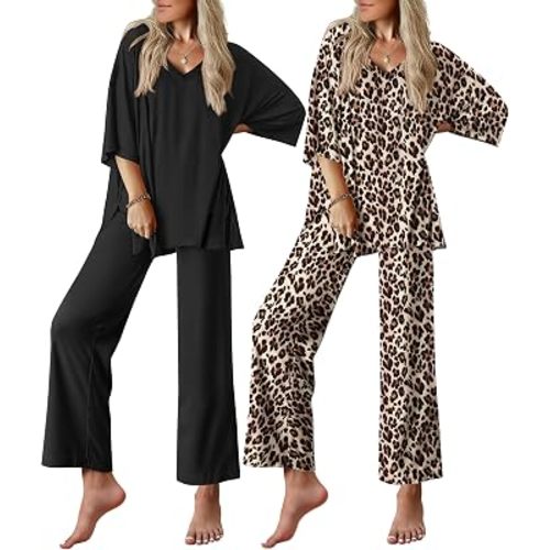 Ekouaer 2 Packs Lounge Sets for Women Short Sleeve Pajamas Set V Neck Top and Long Pants Comfy Pjs Outifts with Pockets