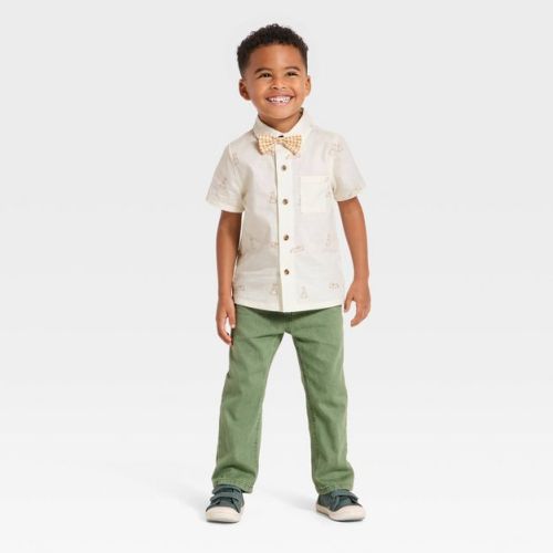 Toddler Boys' 3pc Easter Bunny Short Sleeve Button-Up Shirt & Pants Set - Cat & Jack™ Cream/Green 12M
