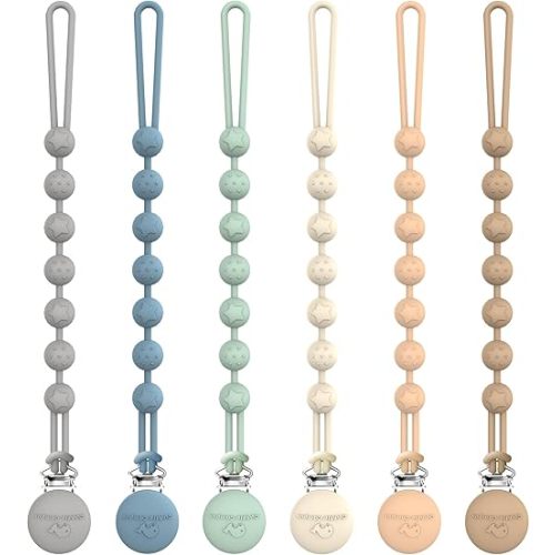 Cuddle Campus Silicone Pacifier Clip Holder with One Piece Design,Soft Flexible Binky Clips with Texture for Baby Boy and Girl Pack of 6 (0-6m)