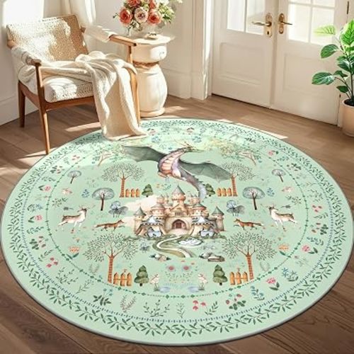 nesrt Washable Dragon Round Rugs for Living Room 5Ft Non Slip, Animal Print Dining Room Circle Rugs Low Pile, Soft Woodland Nursery Floor Carpets for Playroom Bedroom Kids Room Decor (Green)