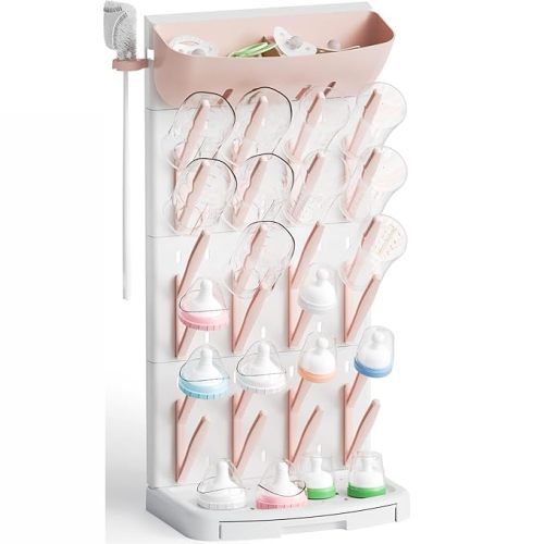 Vertical Baby Bottle Drying Rack with Brush- Hold 24 Bottles - Large Breast Pump,Bottle Dryer Rack for Kitchen Countertop,Space Saving Bottle Stand Holder for Pacifiers,Pump Accessories,Pink