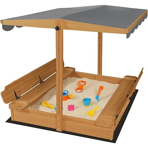 GARWOOD Large Wooden Outdoor Sandbox with Lid Cover Adjustable Canopy Foldable Bench Seat Bottom Liner Sand Box for Garden Patio Beach Backyard Play Sand Pit Aged 3-12 Years Old 48x48in Brown