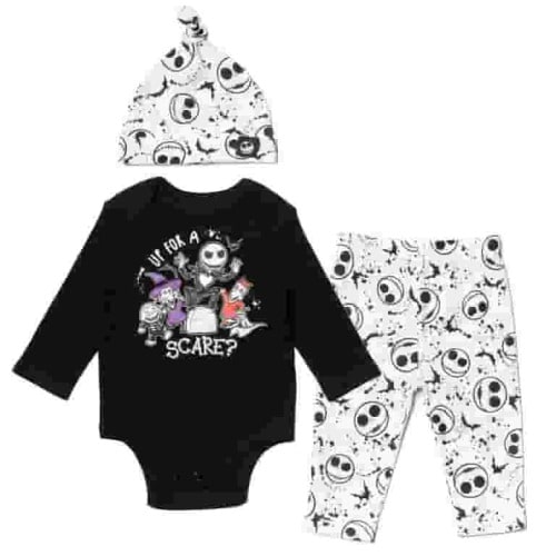 Disney Nightmare Before Christmas Jack Skellington Zero Lock, Shock, and Barrel Infant Baby Boys Bodysuit Pants and Hat 3 Piece Outfit Set Newborn to Infant