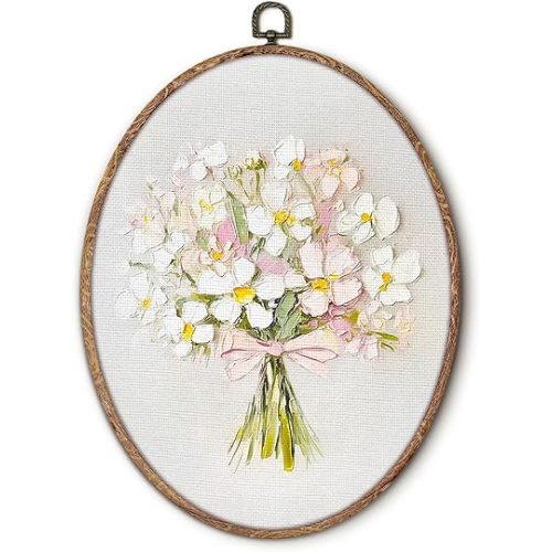Hxlac Coquette Pink Bow Floral Bouquet Oval Wall Art Framed, White Floral Oval Wall Decor, Vintage Flower Hanging Canvas Prints Wall Sculptures for Home Bedroom Living Room Decor, 8.5x11.5 Inch