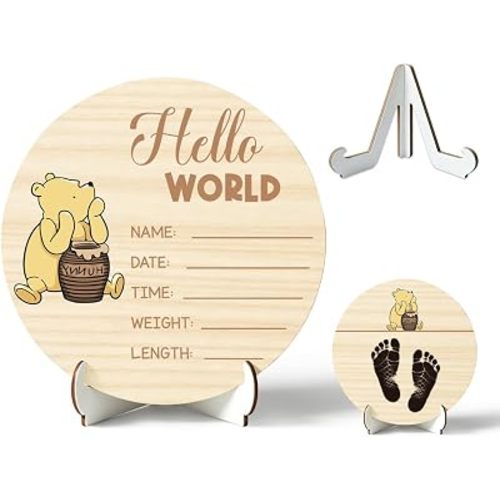 Winnie Baby Announcement Sign, Wooden Newborn Birth Sign, The Hello World Name Sign for Hospital, Gift for New Mom Baby Shower, Birth Name Plaque, Nursery Decor 2