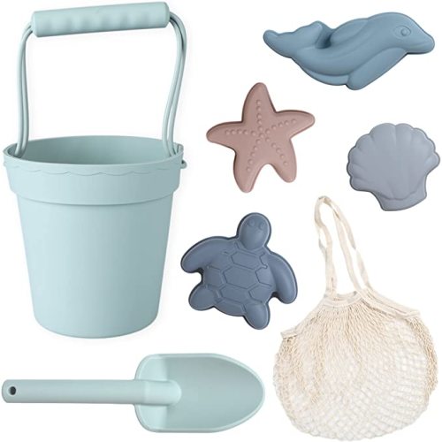 BLUE GINKGO Silicone Beach Toys - Modern Baby | Travel Friendly Set Bucket, Shovel, 4 Sand Molds, Bag for Toddlers, Kids Green