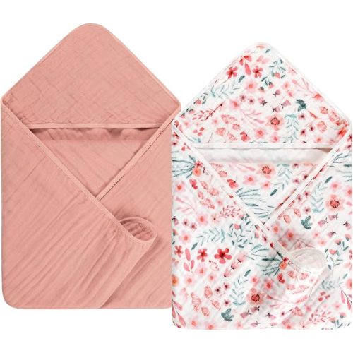 Hooded Baby Bath Towel Set, 2 Pieces, Pink, 35" x 35" (90 x 90 cm) | Hooded baby bath towel set; 2 items; 100% Muslin Cotton; Pink; Machine Wash.