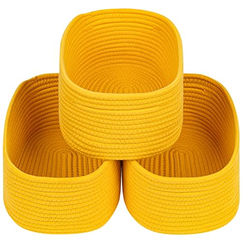CubesLand Rope Woven Storage Baskets, Small Baby Nursery Organizer Basket, Rectangular Organization/Storage Bins, Closet Shelves Baskets，Empty Gift Basket 3 Packs, Yellow