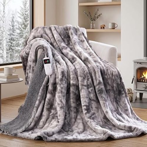 Heated Blanket Electric Throw 50''x60'' - Fast Tie-Dye Heating Blanket, Washable Heat Blanket 10 Heating Settings, 8h Timer Auto Off & Heated Protection, Soft Flannel & Sherpa Material
