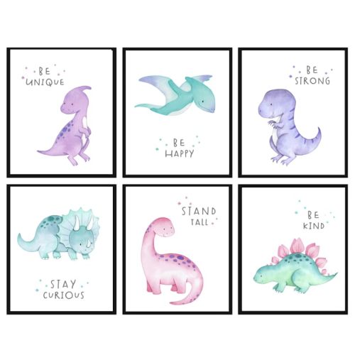 Zaiphany Dinosaur Wall Art for Girls Bedroom, Pink Girly Dinosuar Room Decor,Dinosaur Wall Posters for Baby Girls Nursery Decor, 8"X10" Unframed