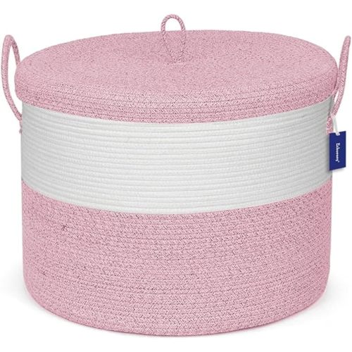 21" x 18" Extra Large storage baskets,Eco-friendly Decorative blanket basket with lid for Living room,rope baskets with lid,wicker hamper for bedroom,Big,Round,Pink 115L