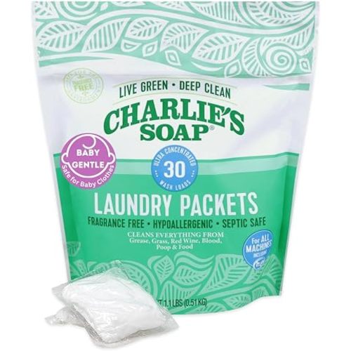 Charlie's Soap - Fragrance Free Laundry Packets Baby Gentle - 30 Count