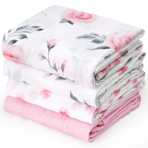 david's kids 4 Pack Baby Muslin Swaddle Blankets, 100% Cotton and Ultra Soft Breathable Receiving Blanket Wrap for Boys Girls, New Born Essentials, Large 47 x 47 inches, Pink Floral