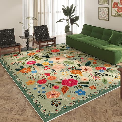 Rugcomf Area Rugs 8x10 Rug for Living Room Clearance Washable Boho Area Rug Non Slip Floral Vintage Low Pile Large Rug for Living Room, Bedroom, Farmhouse, Dining Room, Kids Playroom(Green)