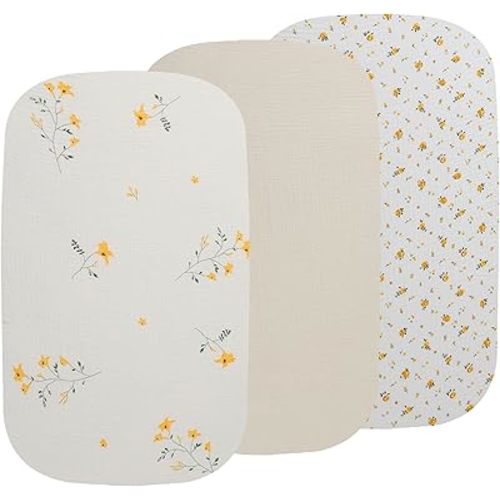 Onacosht Muslin Bassinet Sheets 3 Pack, 100% Cotton Baby Fitted Sheet 33" x 19" Compatible with Mika Micky, KoolaBaby (3 in 1), BabyBond, HARPPA and RICUTON Bedside Bassinet, Leaf and Floral Beige
