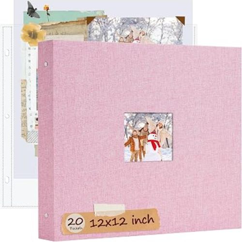 12x12 Inch Large Scrapbook Photo Album, 3 Ring Binder- Pink
