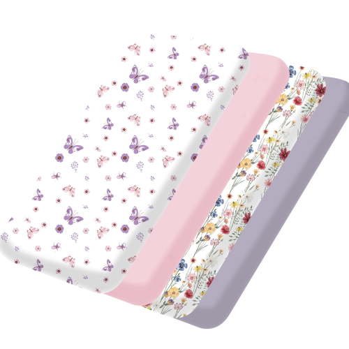 Little Grape Land 4-Pack Mini Crib Sheets,Playard Mattress for Baby Girl,38"x 26" Portable Mini Crib,Soft Pack N Play Sheets Fitted,Butterfly&Floral