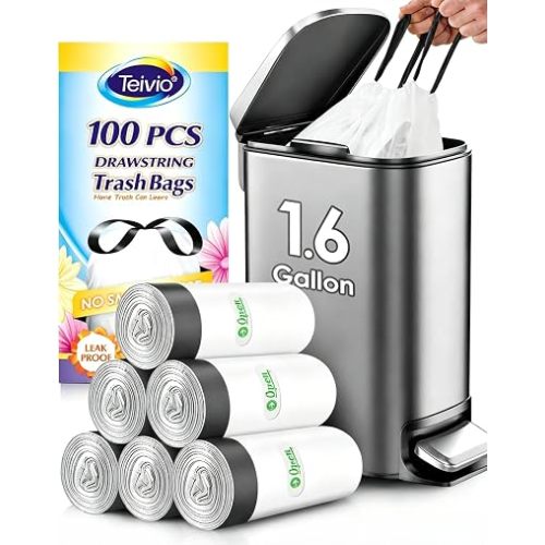 1.6 Gallon 100 Counts Small Drawstring Trash Bags by Teivio, Fit1.2,1.3,1.5 Gallon Bathroom Trash Can Bin Liners, 5-6 Liter Small Plastic Garbage Bags for home office kitchen, White