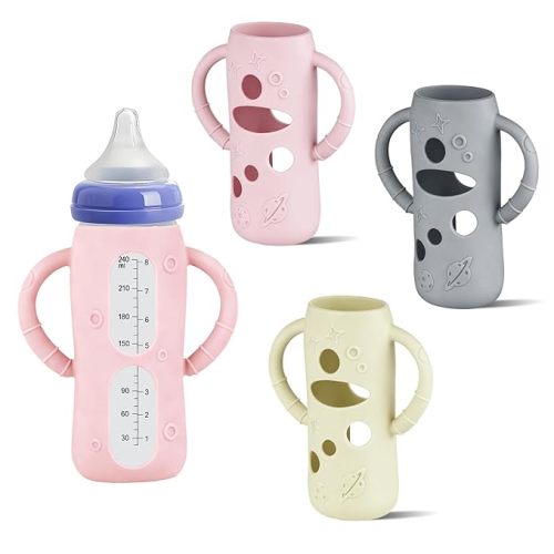 Lionpower 3 Pack Silicone Sleeves for Lansinoh Glass Bottles 8oz – Protective Shockproof Covers with Handle, Non-Slip Baby Bottle Holder, Compatible with Lansinoh Bottles (Grey+Pink+Beige(8OZ))