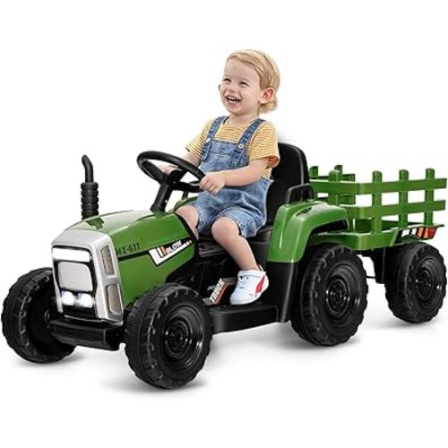 OLAKIDS 12V Kids Ride On Tractor, 2 in 1 Electric Vehicle with Remote Control, Detachable Trailer, Toddlers Battery Powered Driving Toy with 2 Speeds, Music, USB, Bluetooth, Lights (Greyish-Green)