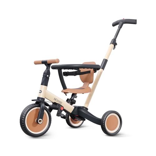 newyoo TR008 5-in-1 Tricycle for Toddlers 1-3, Toddler Bike, Birthday Gift | Toddler Trike with Safety Bar and Parent Push Handle Converts to Balance Bike, Fun Outdoor Toy for Boys and Birls, Khaki