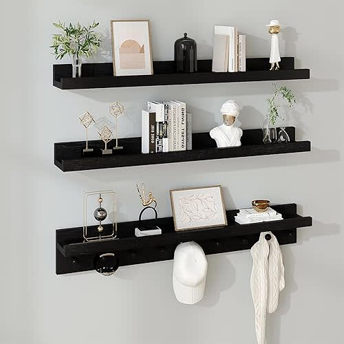 MBYD Floating Shelves for Wall, Nursery Floating Bookshelf for Kids Room, Black Wall Mount Book Shelves with Hooks for Living Room Bedroom Bathroom, 36 Inch Picture Ledge Kitchen Spice Rack Set of 3