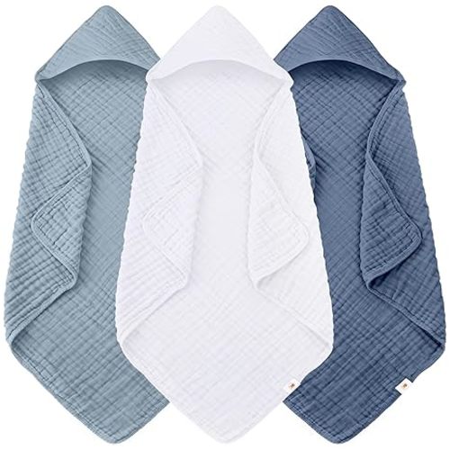 Sunny zzzZZ Muslin Hooded Baby Bath Towels - 3 Pack 100% Cotton Soft Low-Saturation Pastel Towels Including Classic White for Newborns, Infants, Toddlers - 32x32 Inch - Light Navy and White