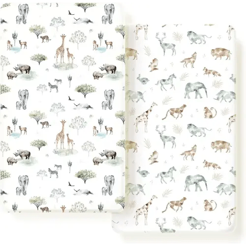 Stretch Ultra Soft Jersey Knit Fitted Crib Sheets Set 2 Pack，Fit All Standard Crib Mattress Pads Safe and Snug, Crib Fitted Sheet for Baby, Stylish African Savannah Animals Pattern
