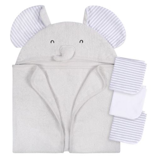 Gerber Baby Grey Zebra Hooded Bath Towel & Washcloths, One Size Fits Most, 4-Piece Set