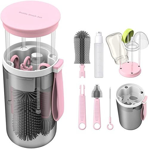 Portable Baby Bottle Brush Travel Set Cleaner, Travel Bottle Cleaning Kit Baby Essentials Newborn Silicone Nipples Cleaning Brushes and Portable Baby Bottle Drying Rack Set Mini Washing Kit Cleaner