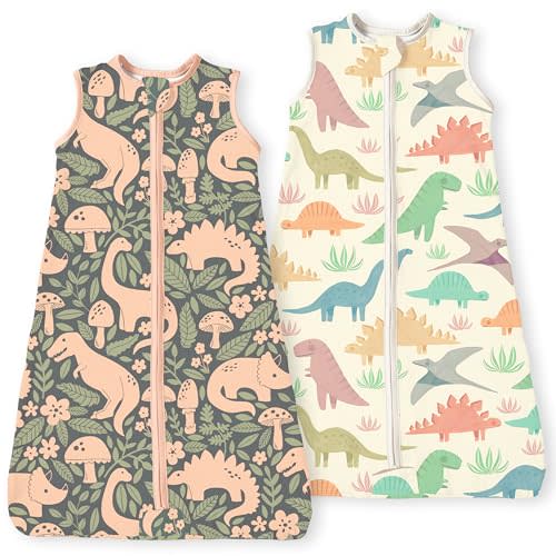 TOTBASIC Dino Sleep Sack 6-12-15 months 2-Pack,0.5 TOG Stretchy Summer Baby Wearable Blanket with 2-Way Safe Zippers, Cozy Soft Sleeping Bag for Babies