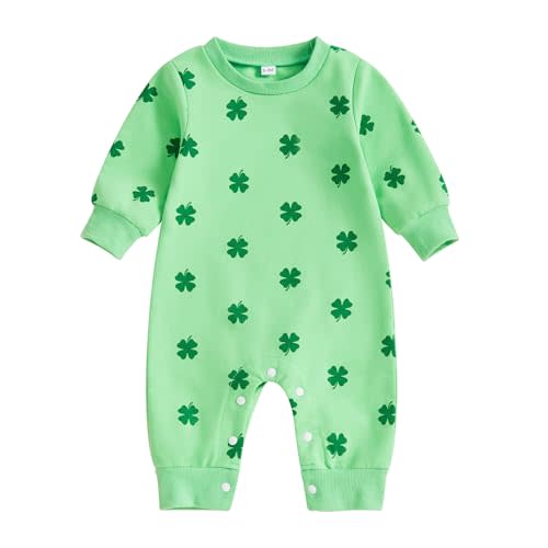 Newborn Baby Girl Boy St Patricks Day Outfit Four Leaf Clover Romper Long Sleeve Bodysuit Jumpsuit 0-18M