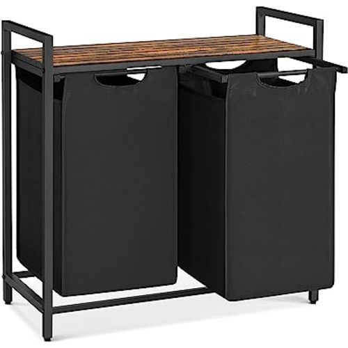 VASAGLE Laundry Hamper, Laundry Basket, Laundry Sorter with 2 Pull-Out and Removable Bags, Shelf, Metal Frame, 2 x 12.1 Gallons (46 L), 28.8 x 13 x 28.4 Inches, Ink Black and Rustic Brown UBLH201B01
