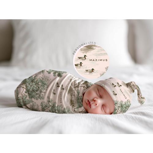 Personalized Duck Swaddle Blanket Mallard Print Custom Name Baby Boy Gift Woodland Nursery Decor Present Southern Mom Newborn Coming Home