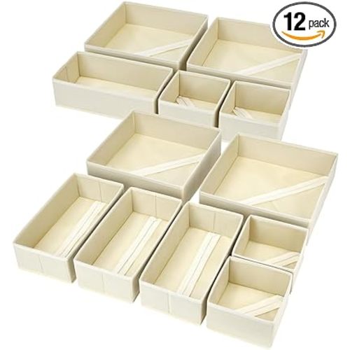 DIMJ Drawer Organizer Clothes, 12 Pack Dresser Organizer, Foldable Closet Organizers and Storage, Fabric Dresser Bins, Drawer Dividers for Nursery, Baby Clothes, Underwears, Sock (Beige)