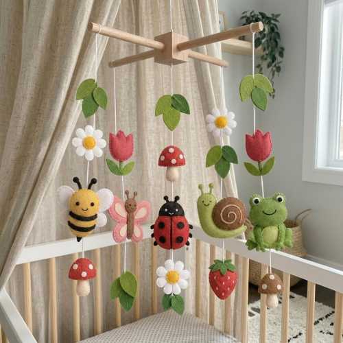 Garden Baby Mobile, Felt Crib Mobile with Bee Butterfly Ladybug Snail Frog, Mushroom Flower Nursery Decor, Baby Shower Gift Newborn