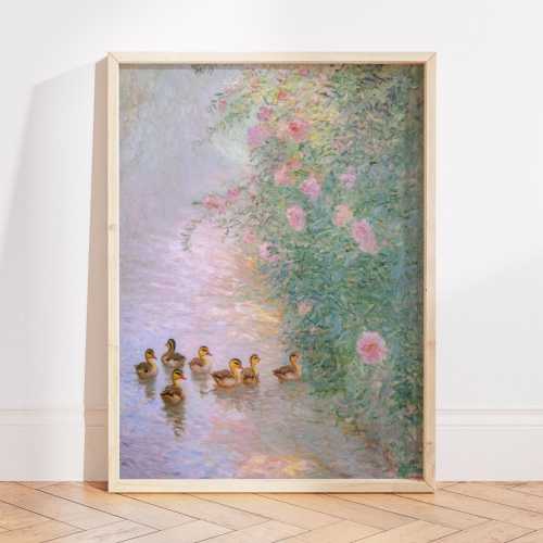 Monet Pastel Duckling Oil Painting Print, Vintage Farm Animal Nursery Wall Art, Whimsical Floral French Country Art