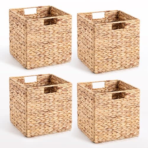 10.5 x 10.5in Wicker Storage Baskets, Cube Foldable Water Hyacinth Storage Baskets for 11 x 11 Cube Shelves Set of 4