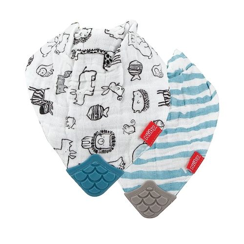 Nuby 100% Natural Cotton Muslin Bib - Bib with Teething Corner (2-Pack) 3+ Months - Zoo