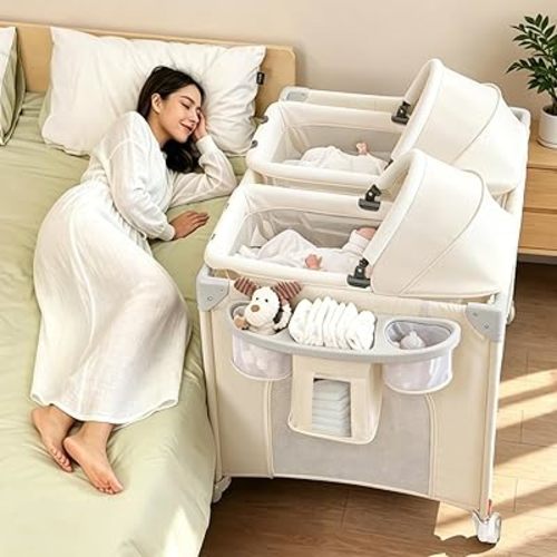 Twin Bassinet for Baby, 3-in-1 Bedside Bassinet for 2 Babies Convertible to Bedside Sleeper and Playpen, Includes 2 Removable Rocking Portable Baby Bassinets and Storage Bags, Beige