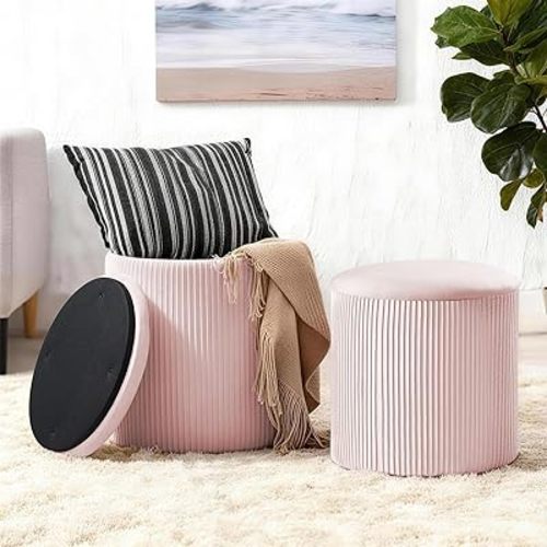 Set of 2 Round Storage Ottomans, Velvet Footstool Pouf with Lid - Multi-Use Vanity Stool for Bedroom or Coffee Table/Footrest for Living Room（Pink）