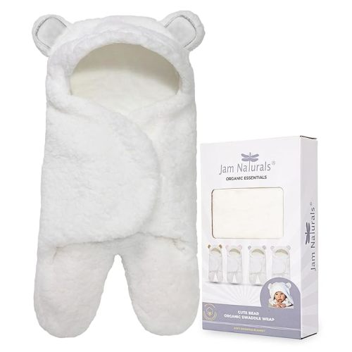 Jam Naturals- Baby Swaddle Blanket, Cute Bear Organic Receiving Swaddling Wrap, Gender Neutral Soft Newborn Baby Registry Gift (White 0-3m)